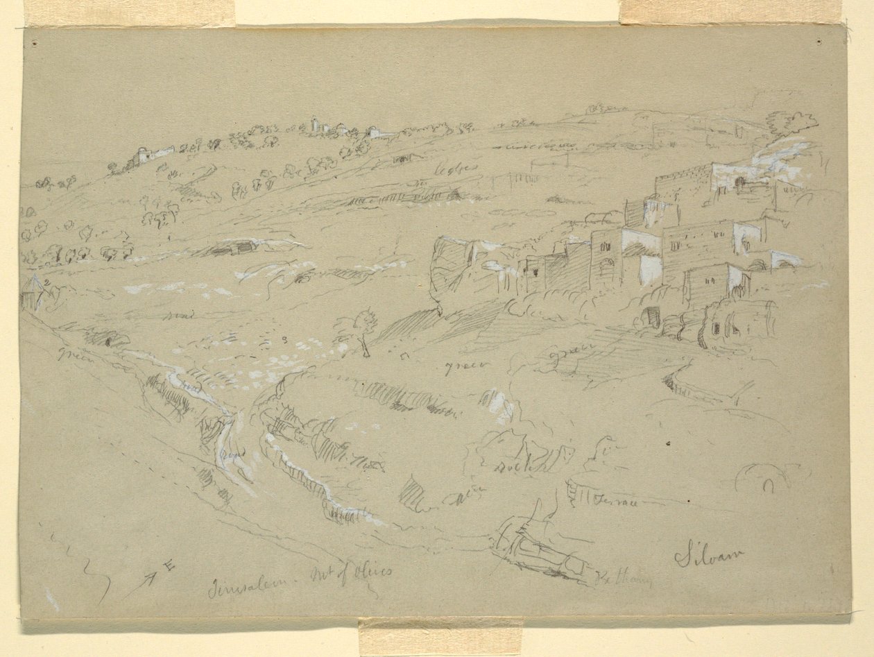 Tegning, Oliebjerget, Betania, Siloam og Jerusalem, Palæstina [Betania og Silwan, Østjerusalem og Jerusalem, Israel], 7. og 10. februar 1868 af Frederic Edwin Church