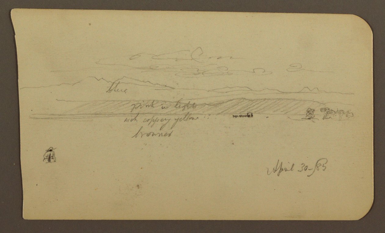 Tegning, bjerglandskab, figur; bagside: landskab, 30. april 1885 af Frederic Edwin Church