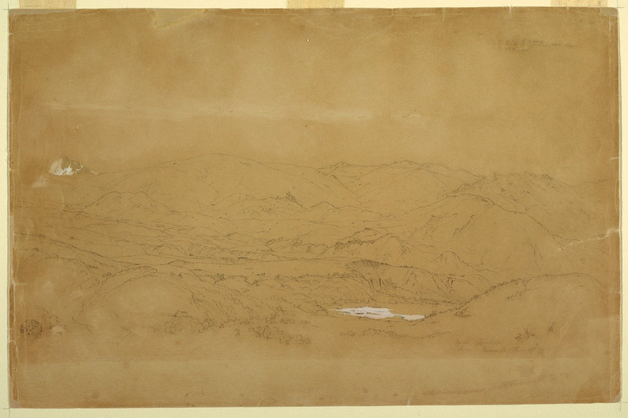Tegning, bjerglandskab nær Guanojo og Guaranda, Ecuador, 10. juni 1857 af Frederic Edwin Church