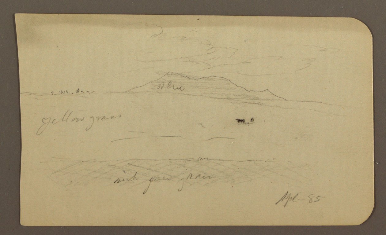 Tegning, bjerglandskab; bagside: Kirke med kuppel, april 1885 af Frederic Edwin Church