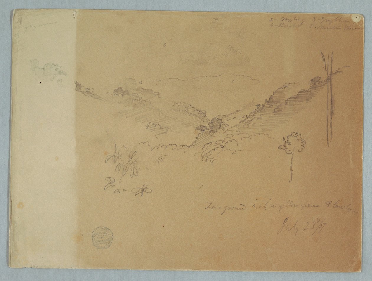 Tegning, bjerglandskab nær Jorje, Ecuador, 23. juli 1857 af Frederic Edwin Church