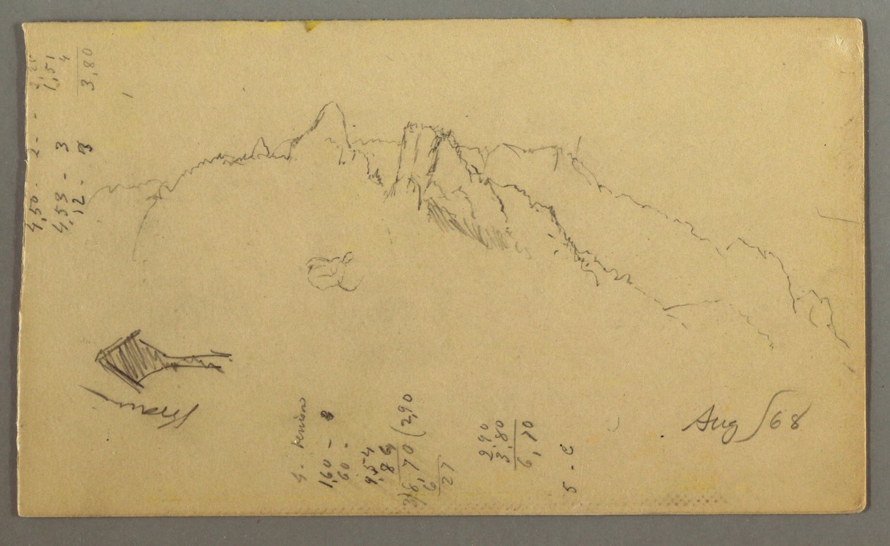 Tegning, bjergtoppe, helligdom i vejkanten, august 1868 af Frederic Edwin Church