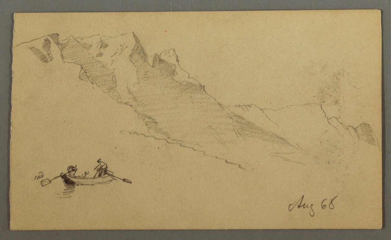 Tegning, Bjergtoppe, to figurer i en robåd, august 1868 af Frederic Edwin Church