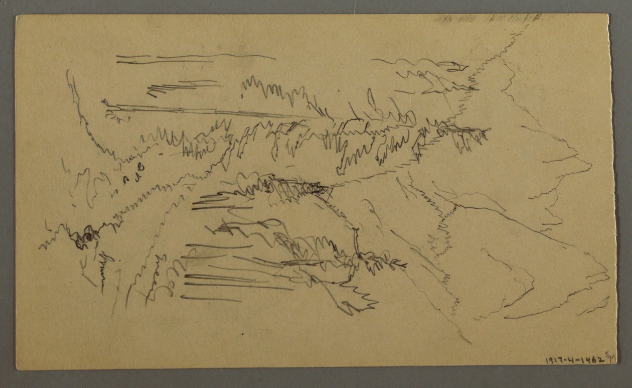 Tegning, Bjergtoppe, to figurer i en robåd, august 1868 af Frederic Edwin Church