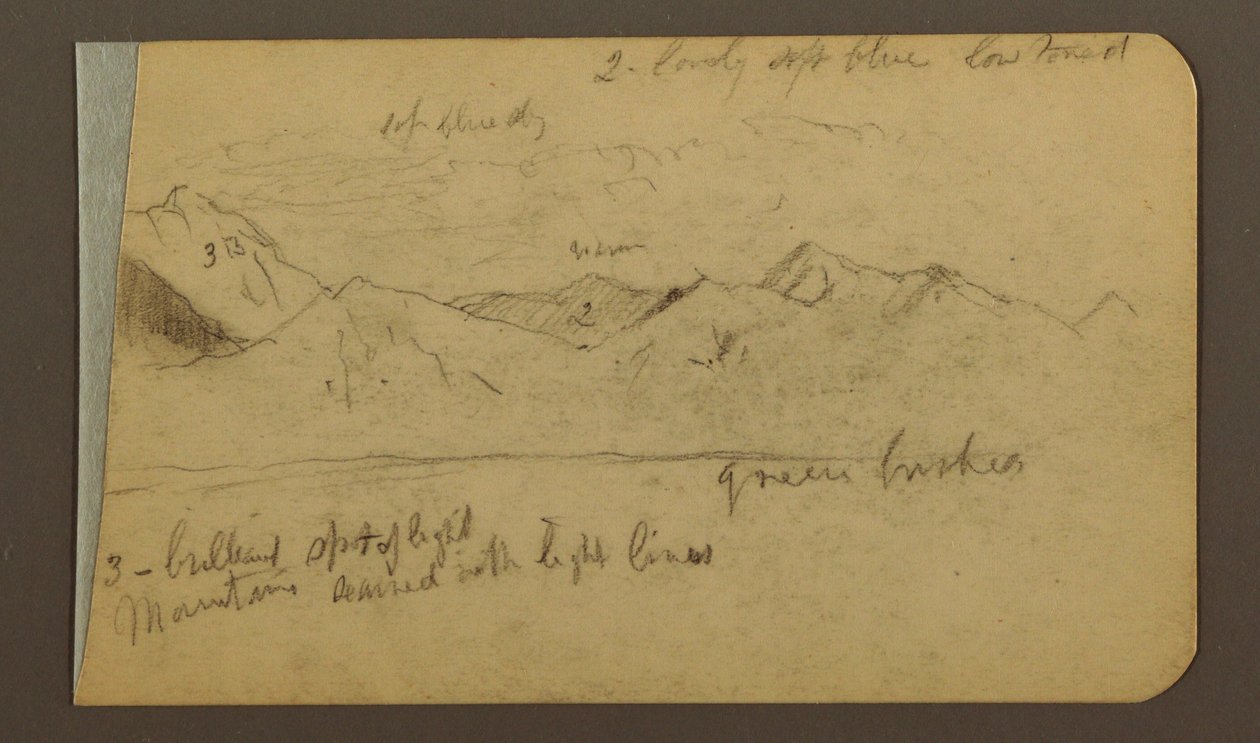 Tegning, bjergkæde; bagside: Bjerge, overskyet himmel, 1889 af Frederic Edwin Church
