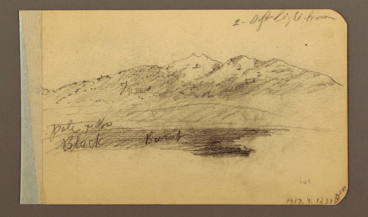 Tegning, bjergkæde; bagside: Bjerge, overskyet himmel, 1889 af Frederic Edwin Church