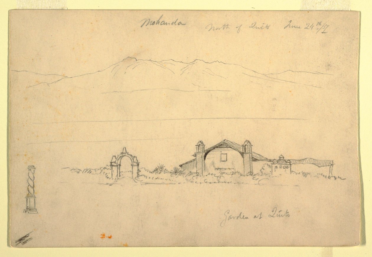 Tegning, bjergkæde med Mohanda, nord for Quito (), 24. juni 1857 af Frederic Edwin Church