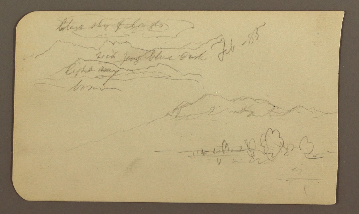 Tegning, bjergkæder, Cuautla, kirke; bagside: Crouching Horse, landskabsnotater, februar 1885 af Frederic Edwin Church