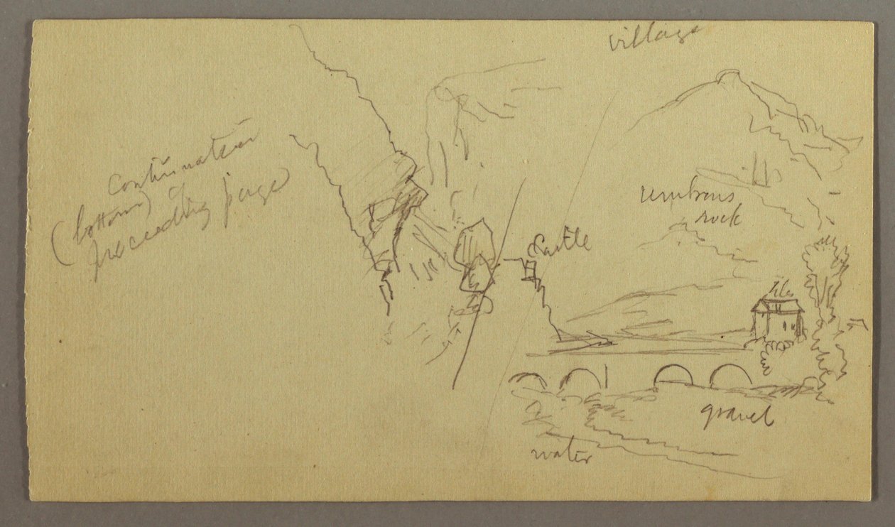 Tegning, bjergdal, bro, bygninger, muligvis 1868-69 af Frederic Edwin Church