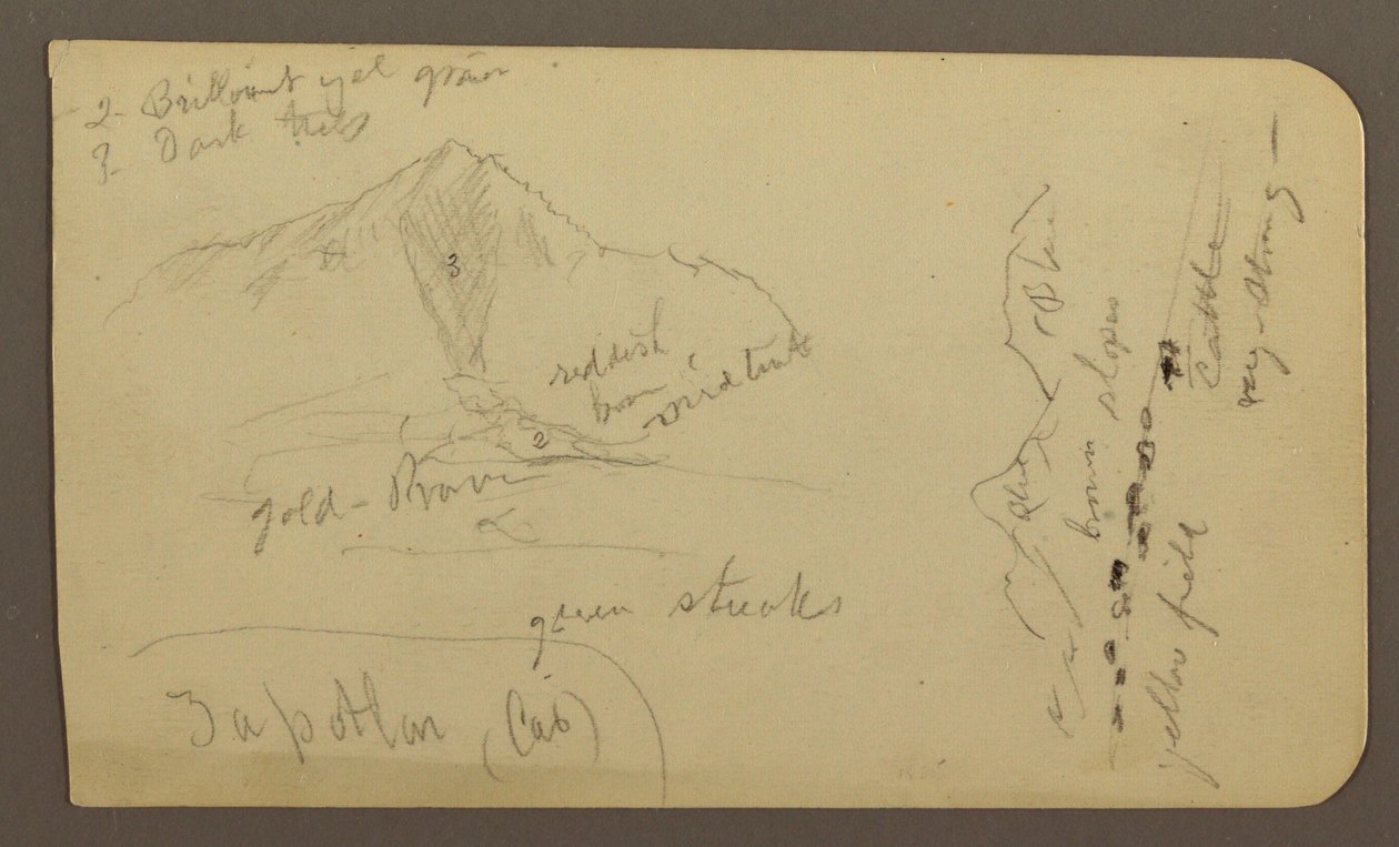 Tegning, bjerg, Zapotlan; bagside: Skovklædt bjergskråning, Cuitzeo-søen, januar 1885 af Frederic Edwin Church