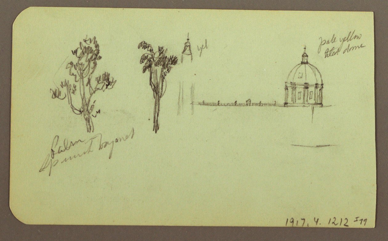 Tegning, Bjerg, træ, figur; Bagside: kirke, træ, 1883 af Frederic Edwin Church