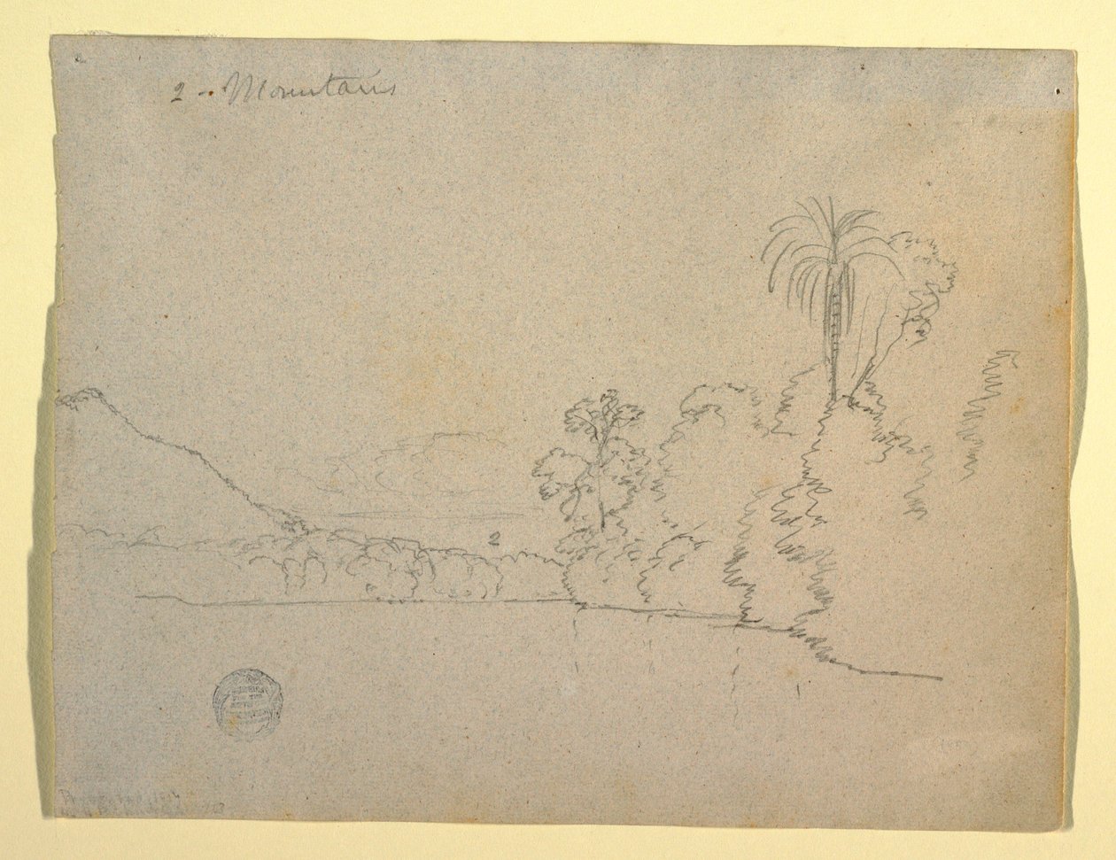 Tegning, bjergrig bred af en bugt, Sydamerika, 1853 af Frederic Edwin Church
