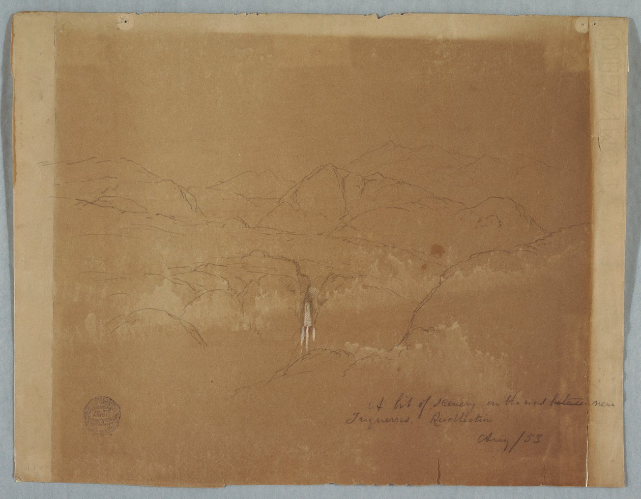 Tegning, bjerglandskab med vandfald, nær Tuquerres, Colombia, august 1853 af Frederic Edwin Church