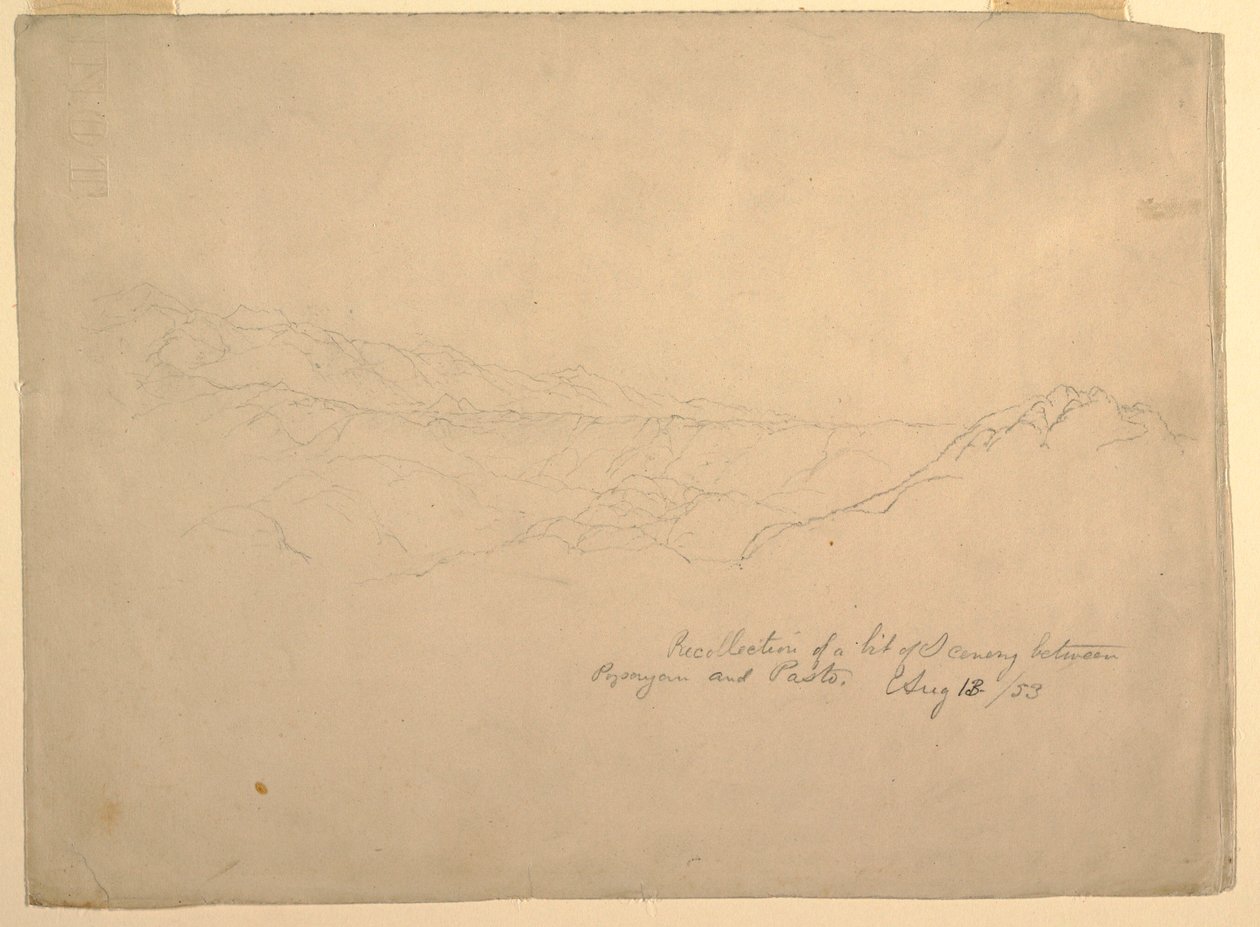 Tegning, bjerglandskab mellem Popayan og Pasto, Colombia, 13. august 1853 af Frederic Edwin Church
