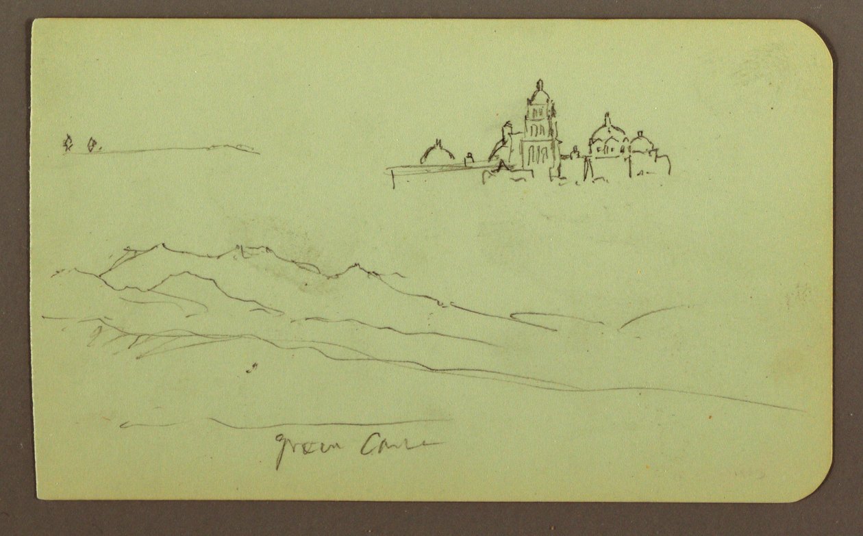 Tegning, Bjerge, Kirke; Bagside: Figurer, Kirke, 1883 af Frederic Edwin Church