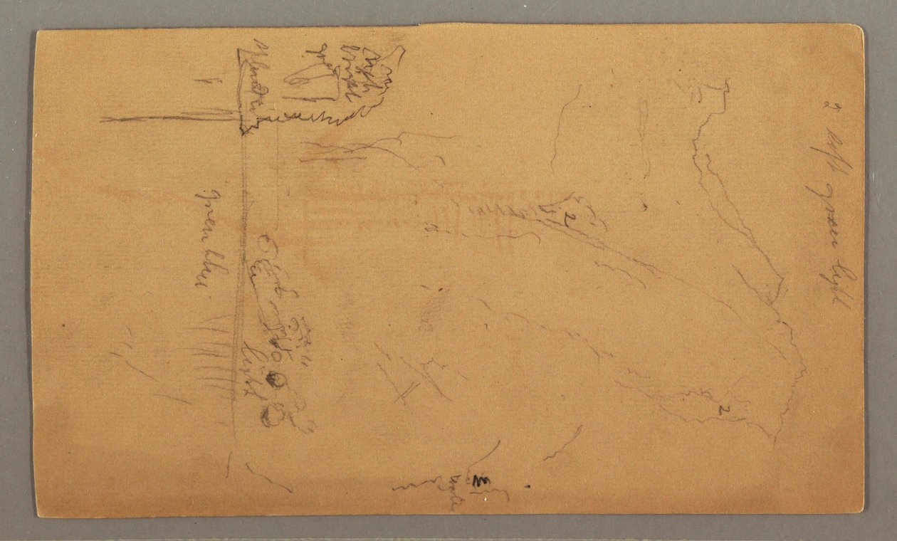 Tegning, Bjerge rejser sig over søen, juli, muligvis 1868 af Frederic Edwin Church