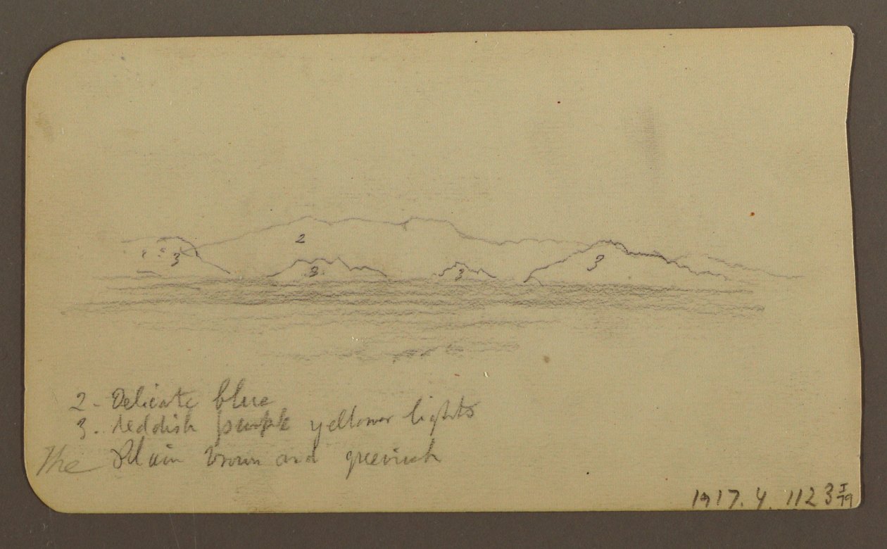 Tegning, Bjerge; Bagside: Foothills amp; Bjergkæde, 21. december 1885 af Frederic Edwin Church