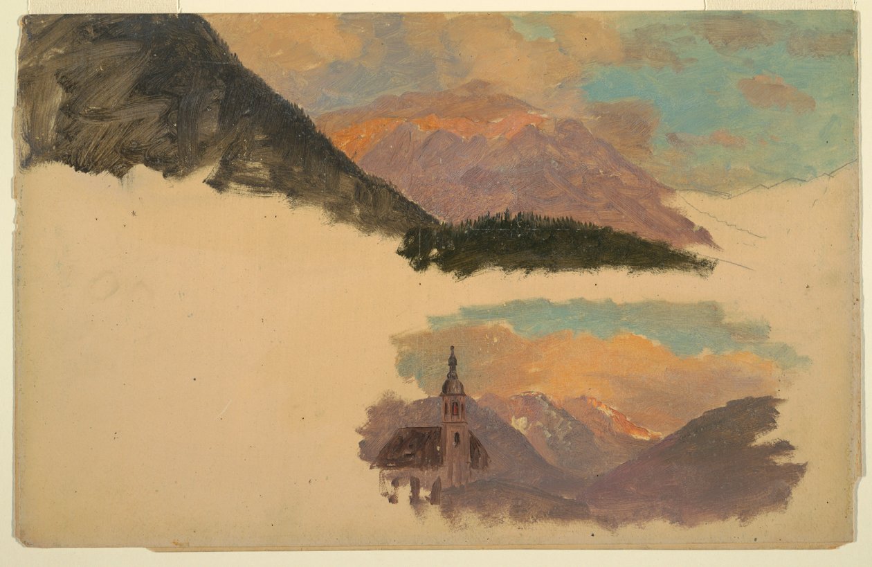 Tegning, bjerge nær Berchtesgaden, Bayern, juni 1868 af Frederic Edwin Church