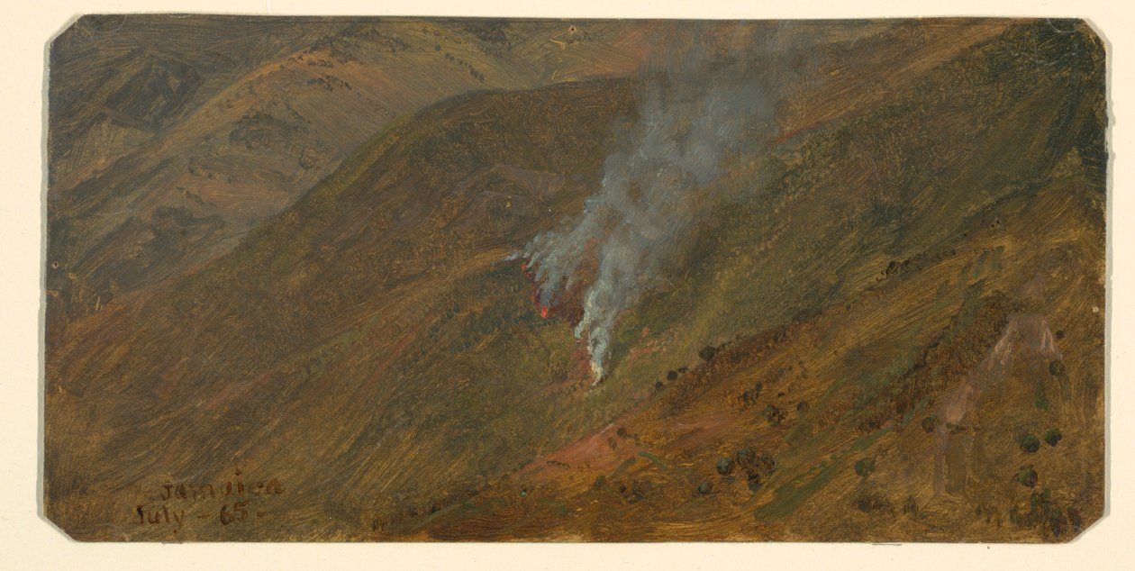 Tegning, Bjergside med bål og brand, juni 1865 af Frederic Edwin Church