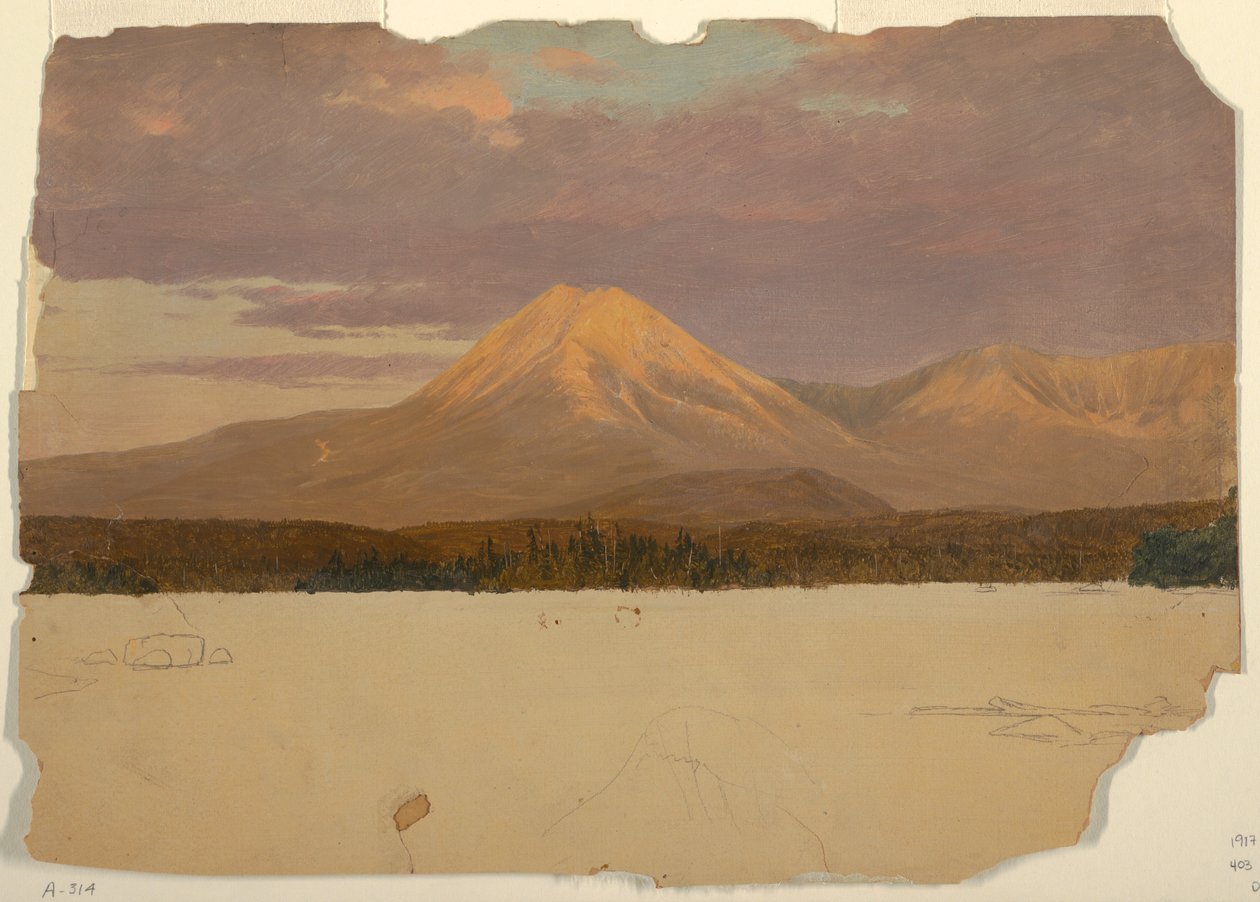 Tegning, Katahdin-bjerget fra Katahdin-søen, 1878 af Frederic Edwin Church