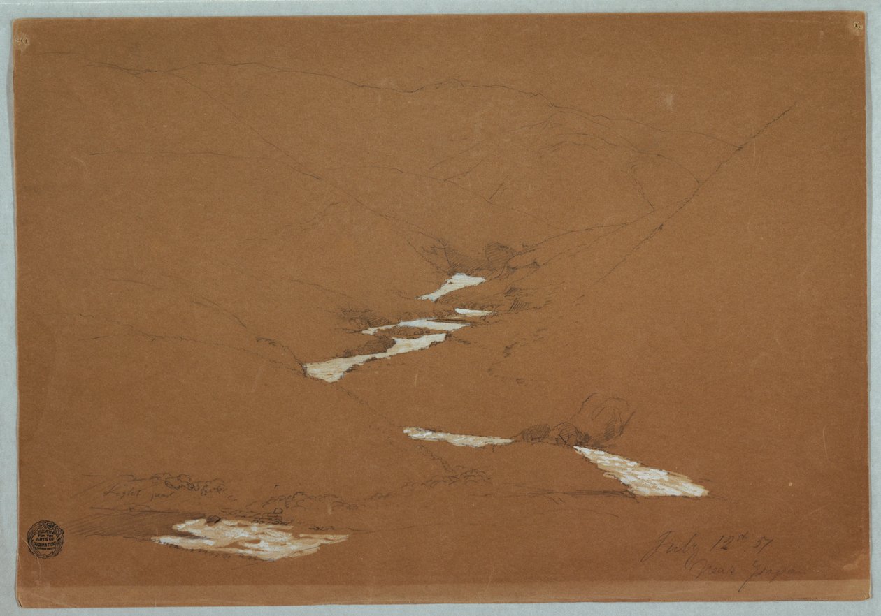 Tegning, smal bjergdal med brusende vandløb nær Ysapan, Ecuador, 12. juli 1857 af Frederic Edwin Church