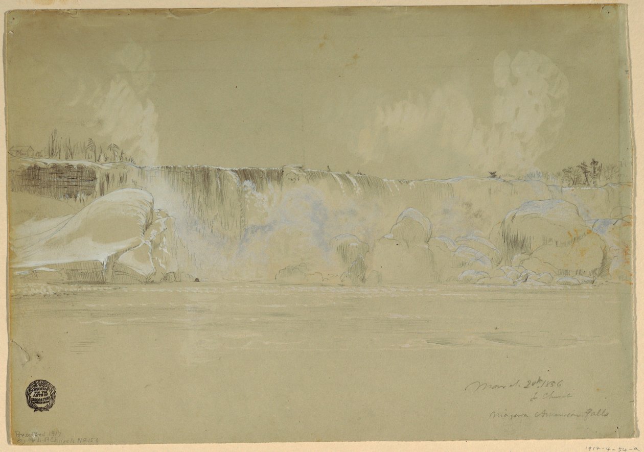 Tegning, Niagara Falls i sne, fra nordvest, 20. marts 1856 af Frederic Edwin Church