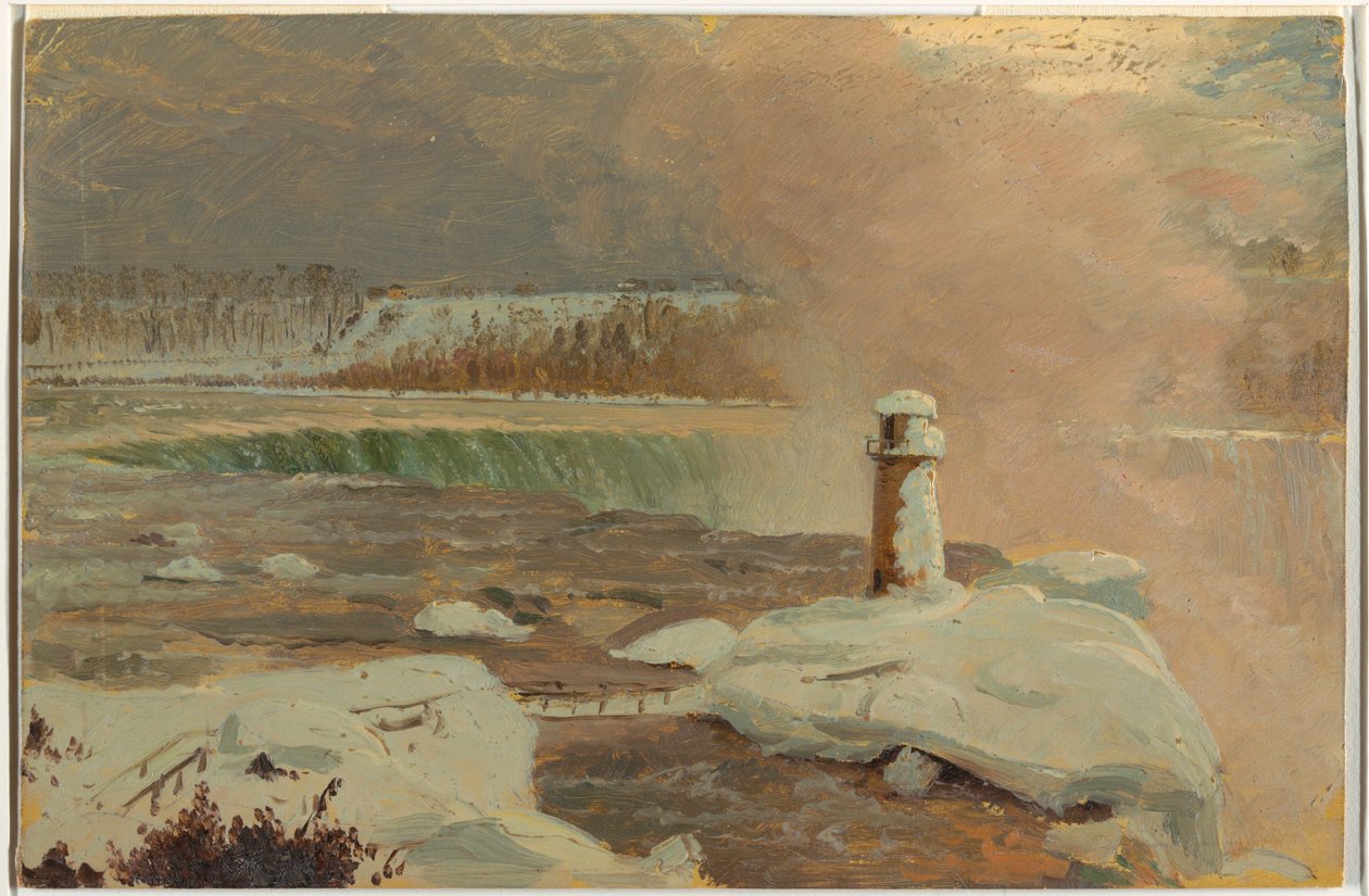 Tegning, Niagara River og vandfald i sne, marts 1856 af Frederic Edwin Church