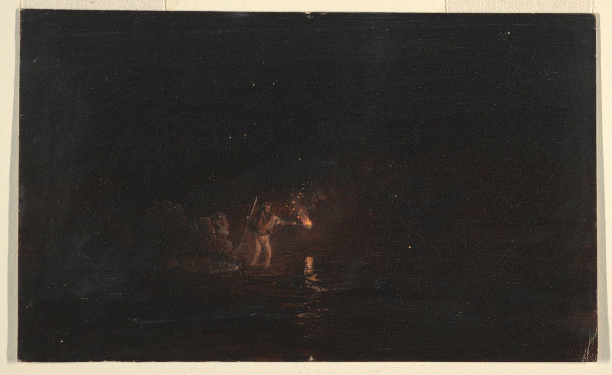 Tegning, natlig fiskescene, 1868-69 af Frederic Edwin Church