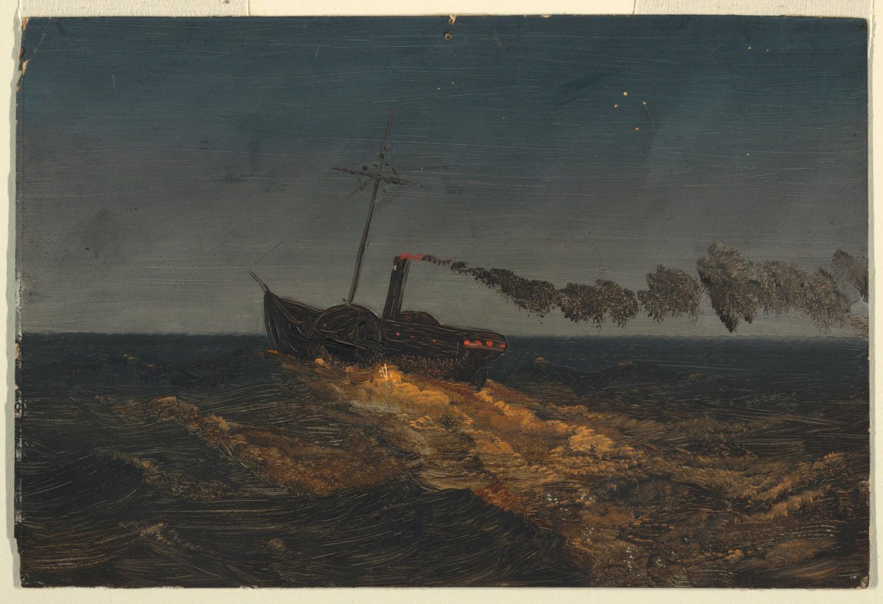 Tegning, hjuldamper i skumringen, ca. 1853 af Frederic Edwin Church