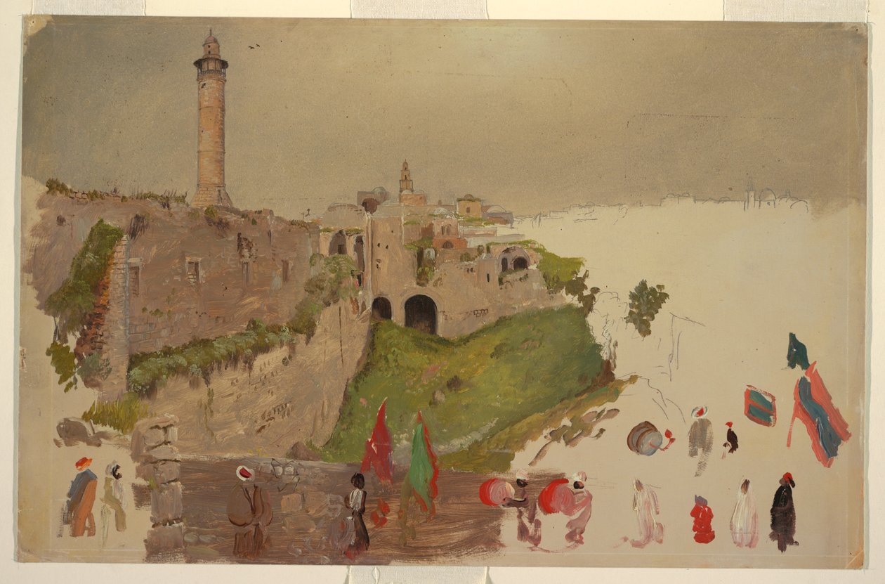Tegning, Parade på vej ind i byen, Jaffa, begyndelsen af marts 1868 af Frederic Edwin Church