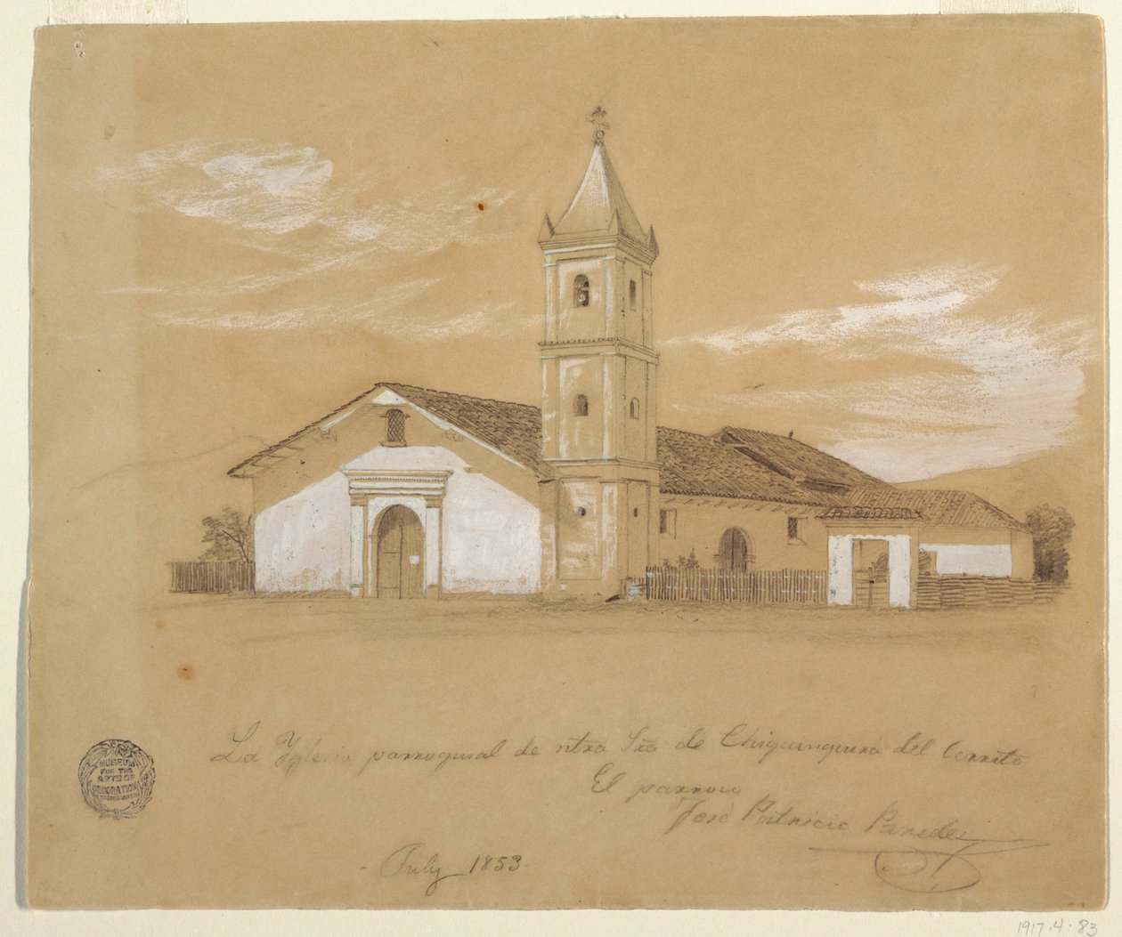 Tegning, sognekirken Vor Frue af Chiquinquira del Cerrito, Chiquinquira, Colombia, juli 1853 af Frederic Edwin Church
