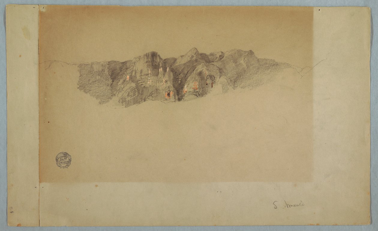 Tegning, en del af en riflet bjergkæde, sandsynligvis Ecuador eller Colombia, 1853 eller 1857 af Frederic Edwin Church