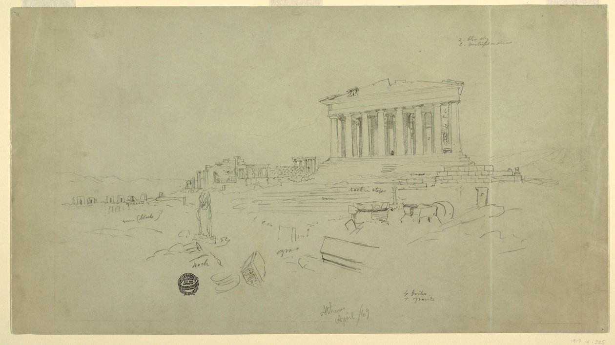 Tegning, Parthenon og Erectheion, Athen, april 1869 af Frederic Edwin Church