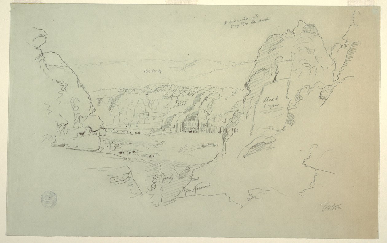 Tegning, Petra, Jordan fra vest, der viser paladset og de korintiske grave, 26. februar 1868 af Frederic Edwin Church