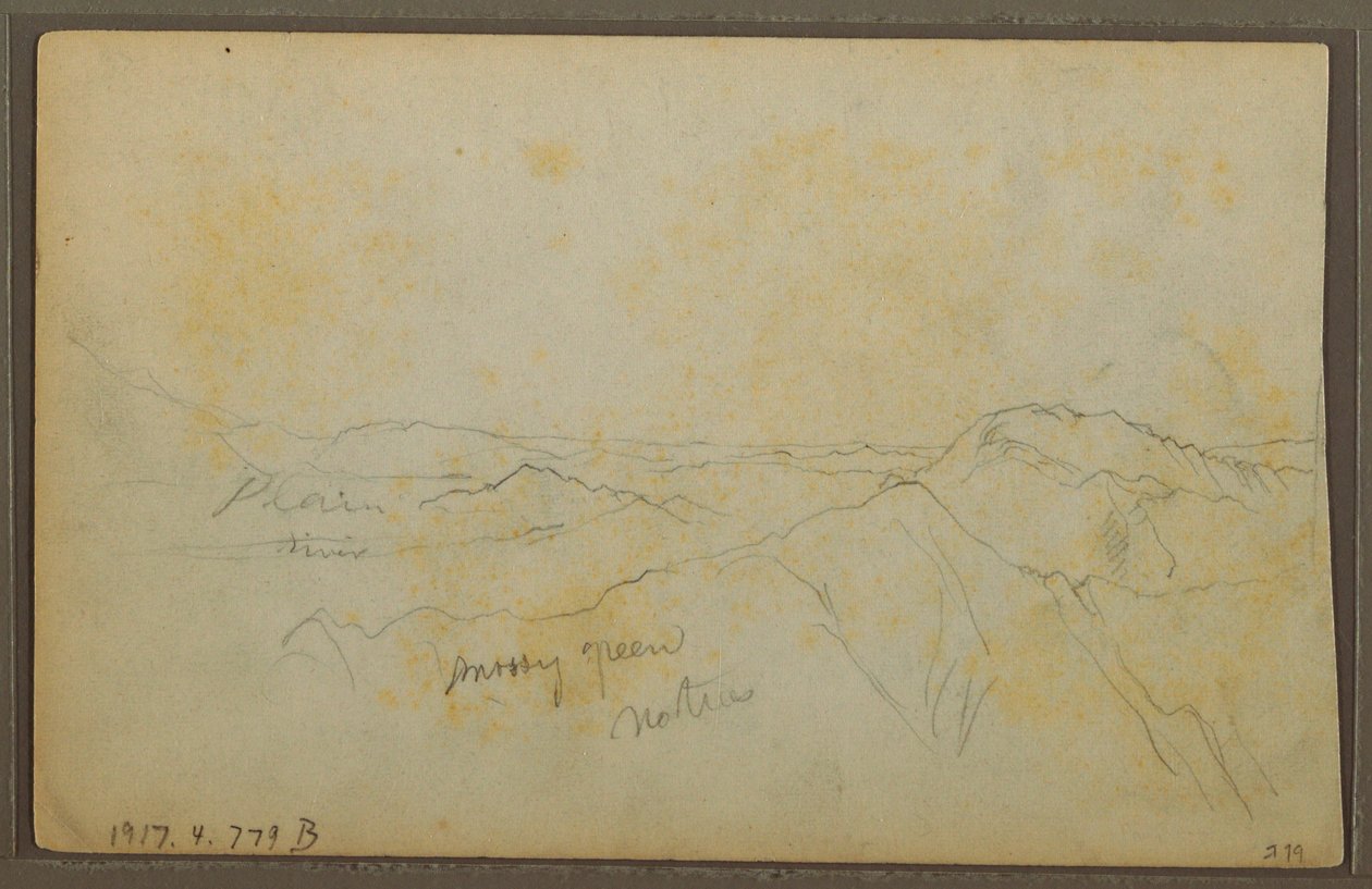 Tegning, Popayan, Colombia; bagside: Bjerglandskab, Colombia, 9. august 1853 af Frederic Edwin Church