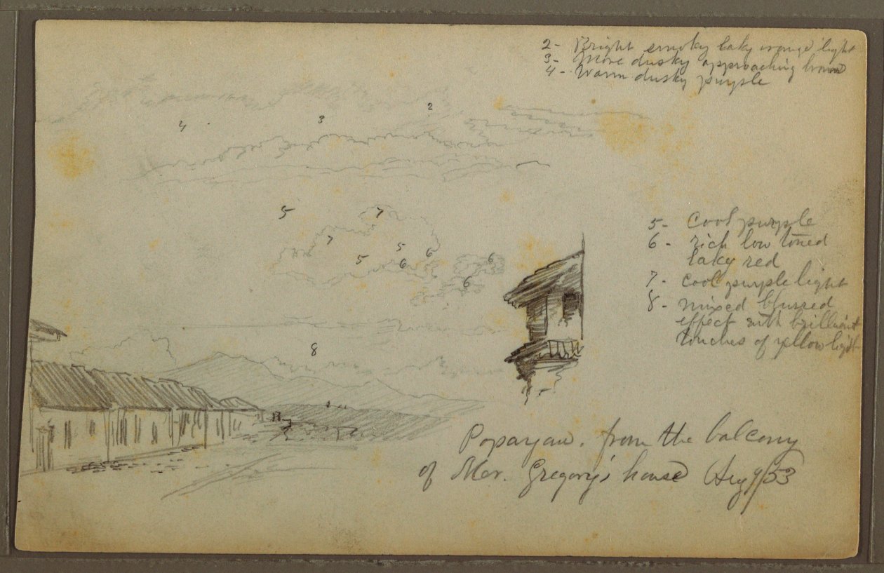 Tegning, Popayan, Colombia; bagside: Bjerglandskab, Colombia, 9. august 1853 af Frederic Edwin Church