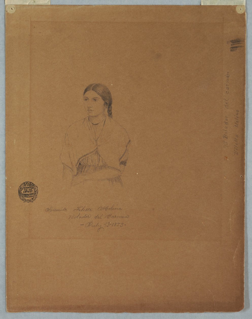 Tegning, portræt af boliviansk pige: Senorita Filetta Molina Bolador del Carmen, Colombia, 13. juli 1853 af Frederic Edwin Church