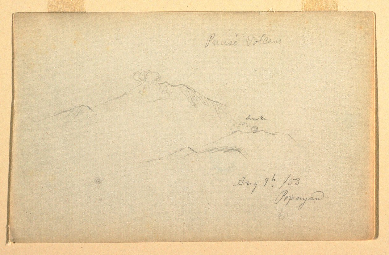 Tegning, Purese-vulkanen set fra Popayan, Colombia, 9. august 1853 af Frederic Edwin Church