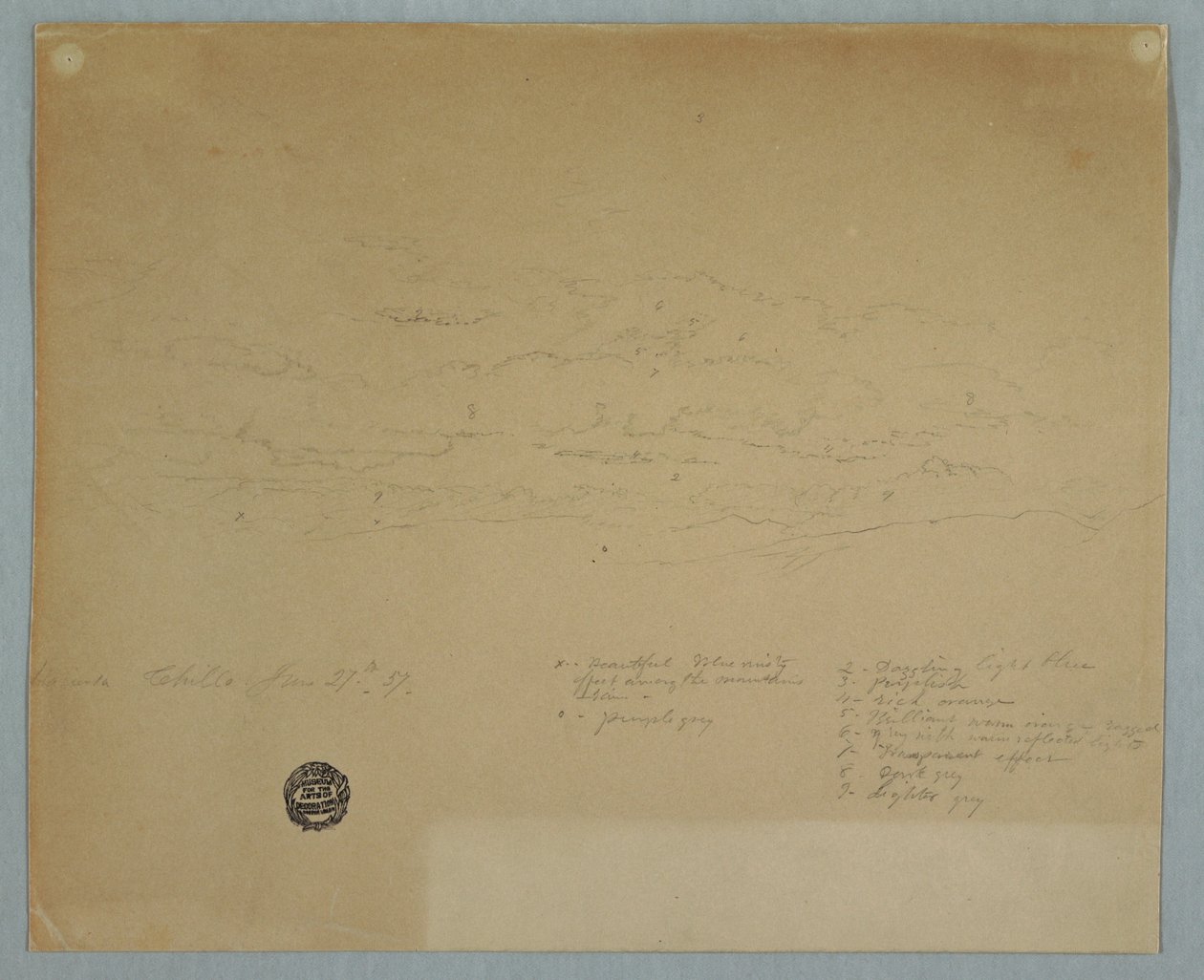 Tegning, regn, der falder fra en overskyet himmel over bjergkamme, Hacienda Chillo, Ecuador, 27. juli 1857 af Frederic Edwin Church