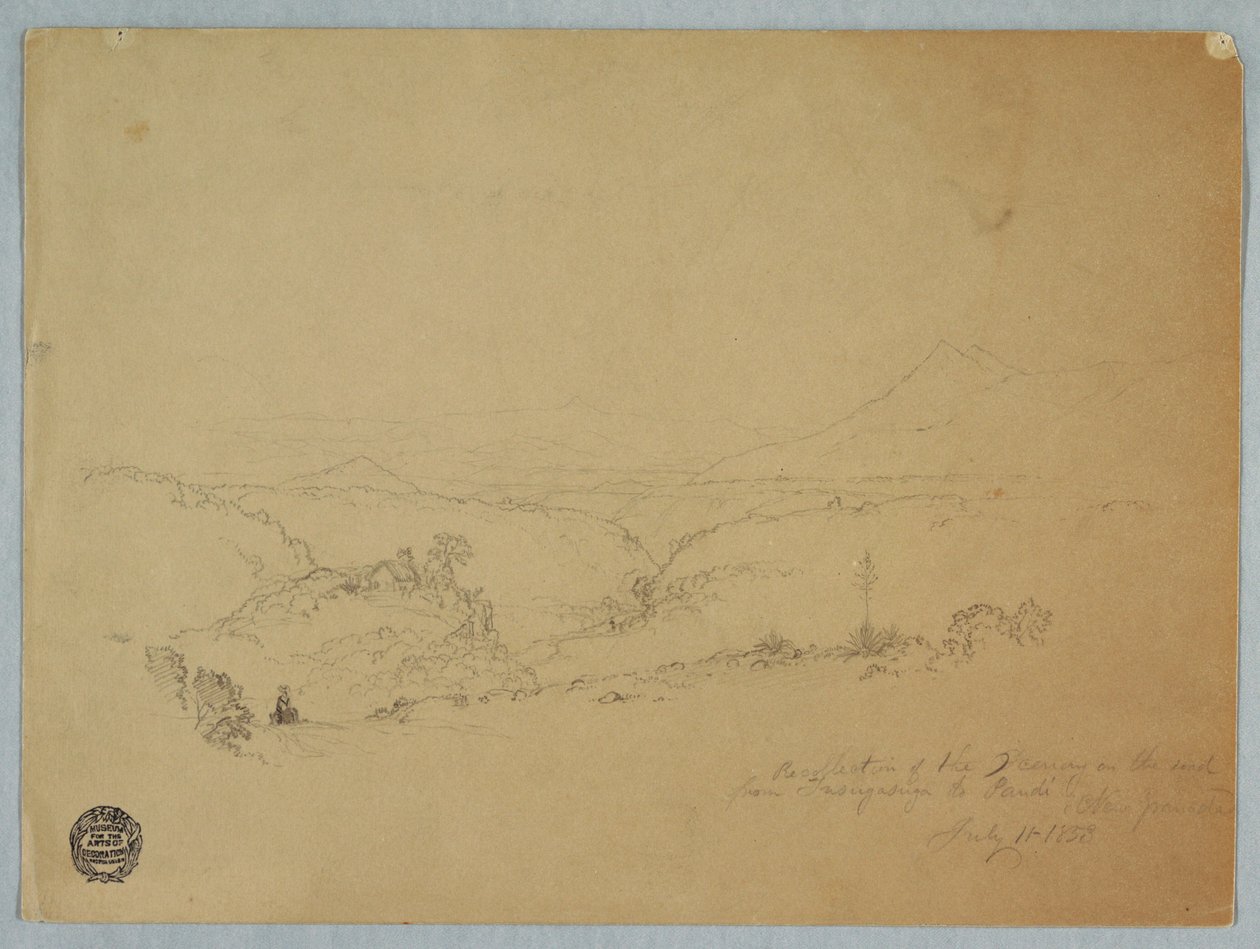 Tegning, Erindring om landskabet på vejen fra Fusugasuga til Pandi, New Granda, Colombia, 11. juli 1853 af Frederic Edwin Church