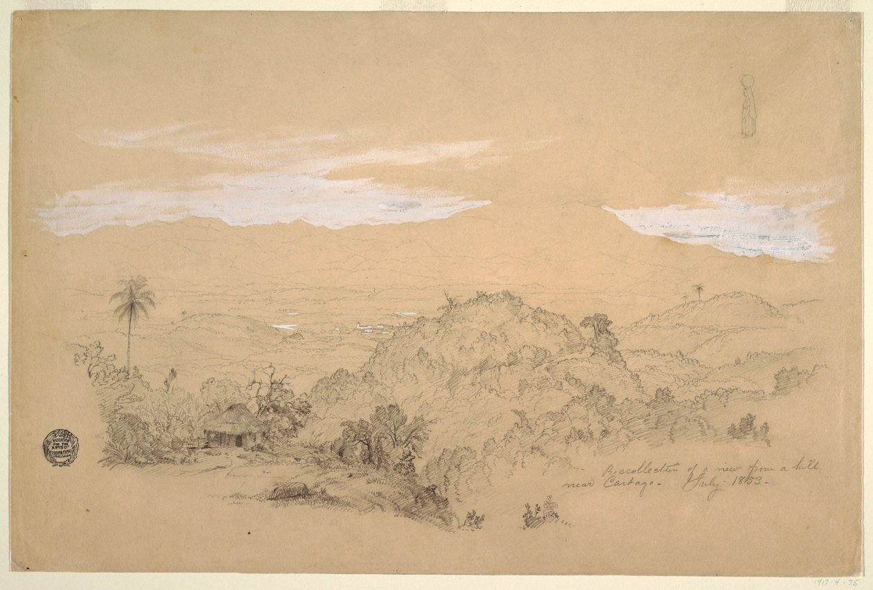 Tegning, Erindringer om en udsigt fra en bakke nær Cartago, Colombia med en kvinde, der bærer en vandkrukke på hovedet, juli 1853 af Frederic Edwin Church