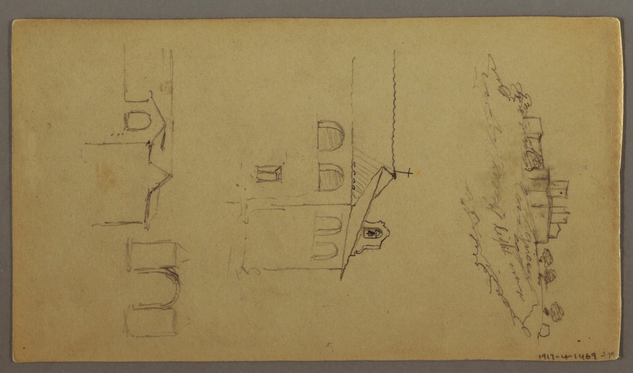 Tegning, recto: Blank; Verso: Fortree on Hilltop, Two c, Gateway, muligvis 1868-69 af Frederic Edwin Church