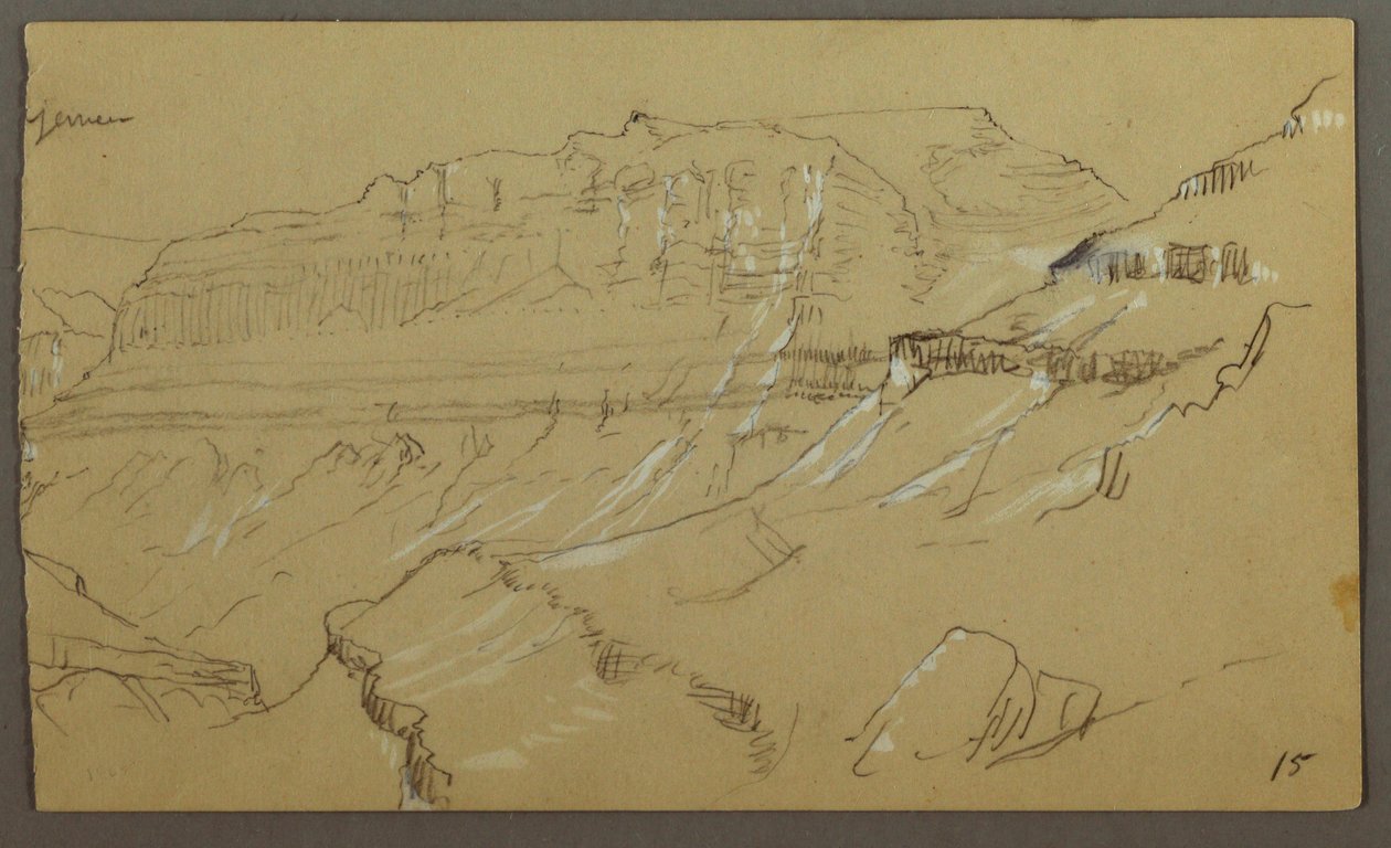 Tegning, højre del af en skitse af El Yemen-dalen, Arabien: Udsigt på afstand, 20. februar 1868 af Frederic Edwin Church
