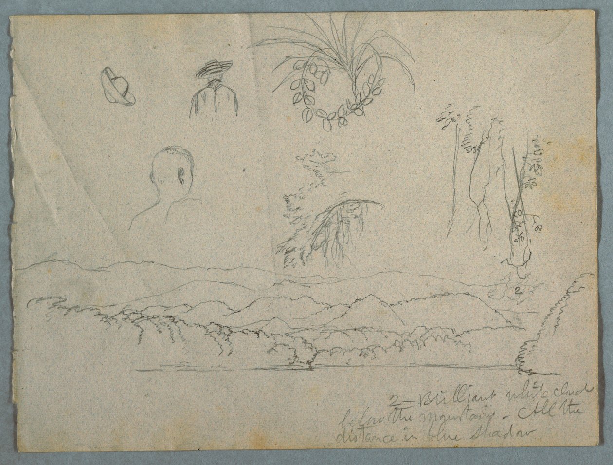 Tegning, flodbred med bjerge og skyer, tre botaniske skitser og bustestudier af mænd med hatte, 1853 af Frederic Edwin Church