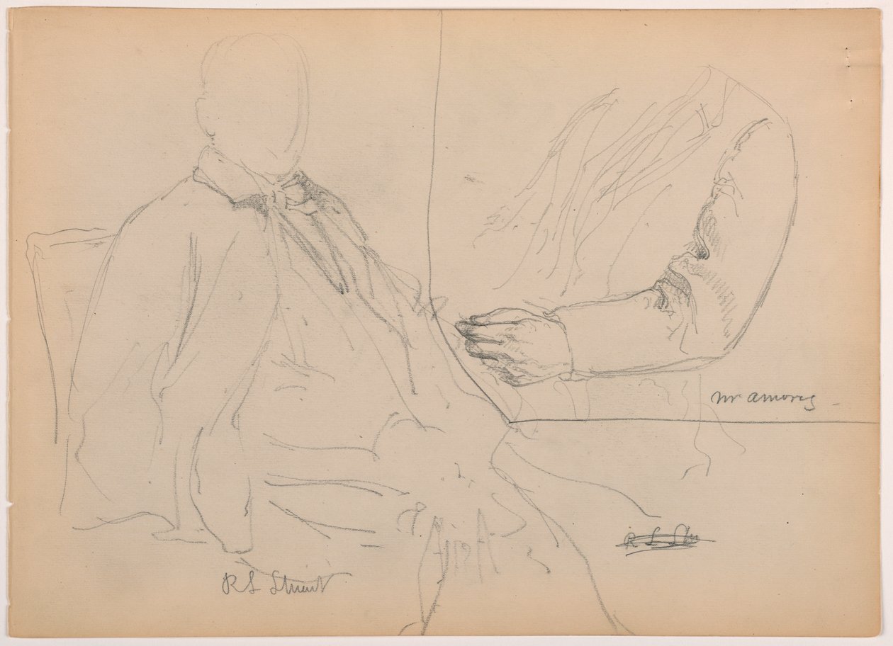 Tegning, Robert L. Stuart siddende, første portræt, til Presbytarian Hospital; Mr. W. ARmory, bryst- og armstudie, 1881 af Frederic Edwin Church