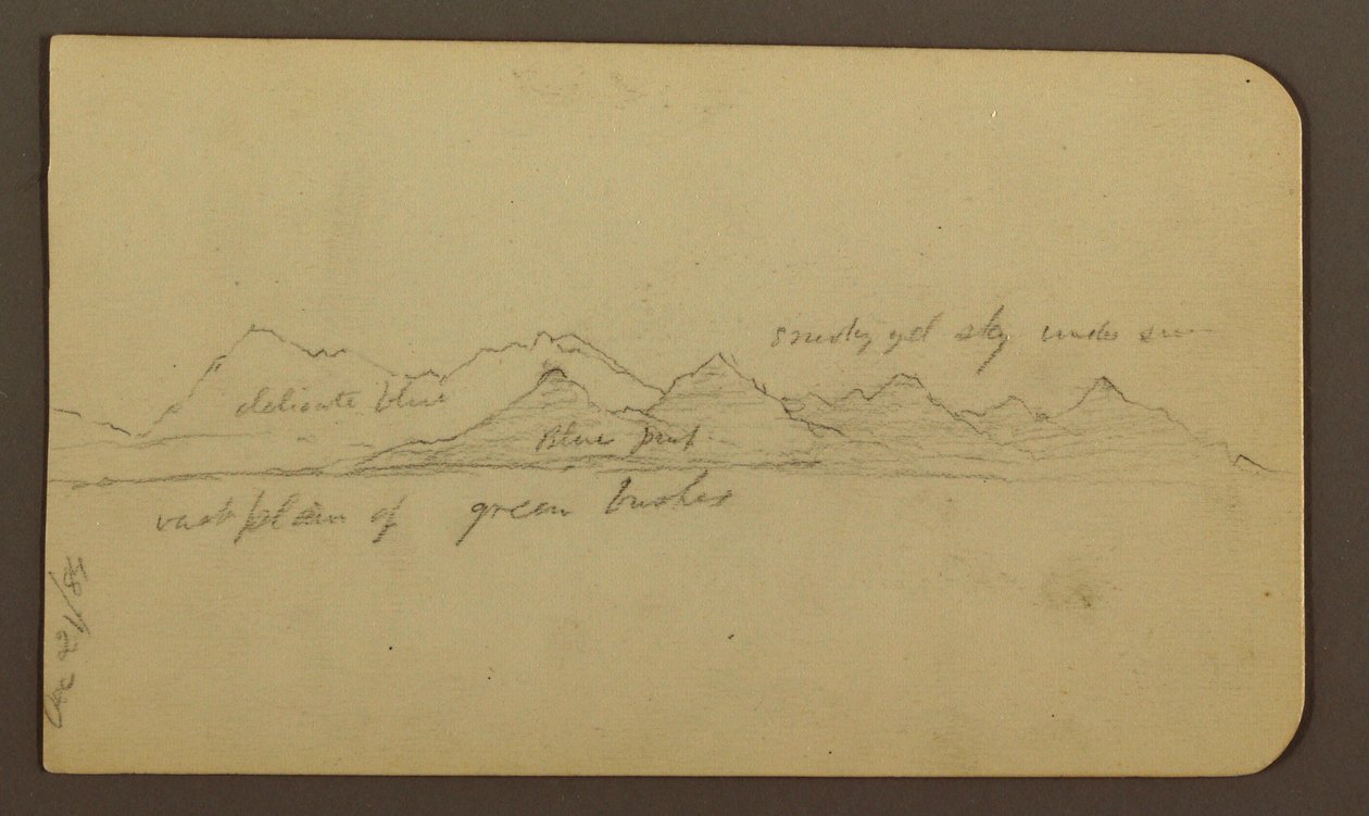 Tegning, Forrevne bjerge på tværs af en slette; bagside: Figurer, landskab, 12. december 1884 af Frederic Edwin Church