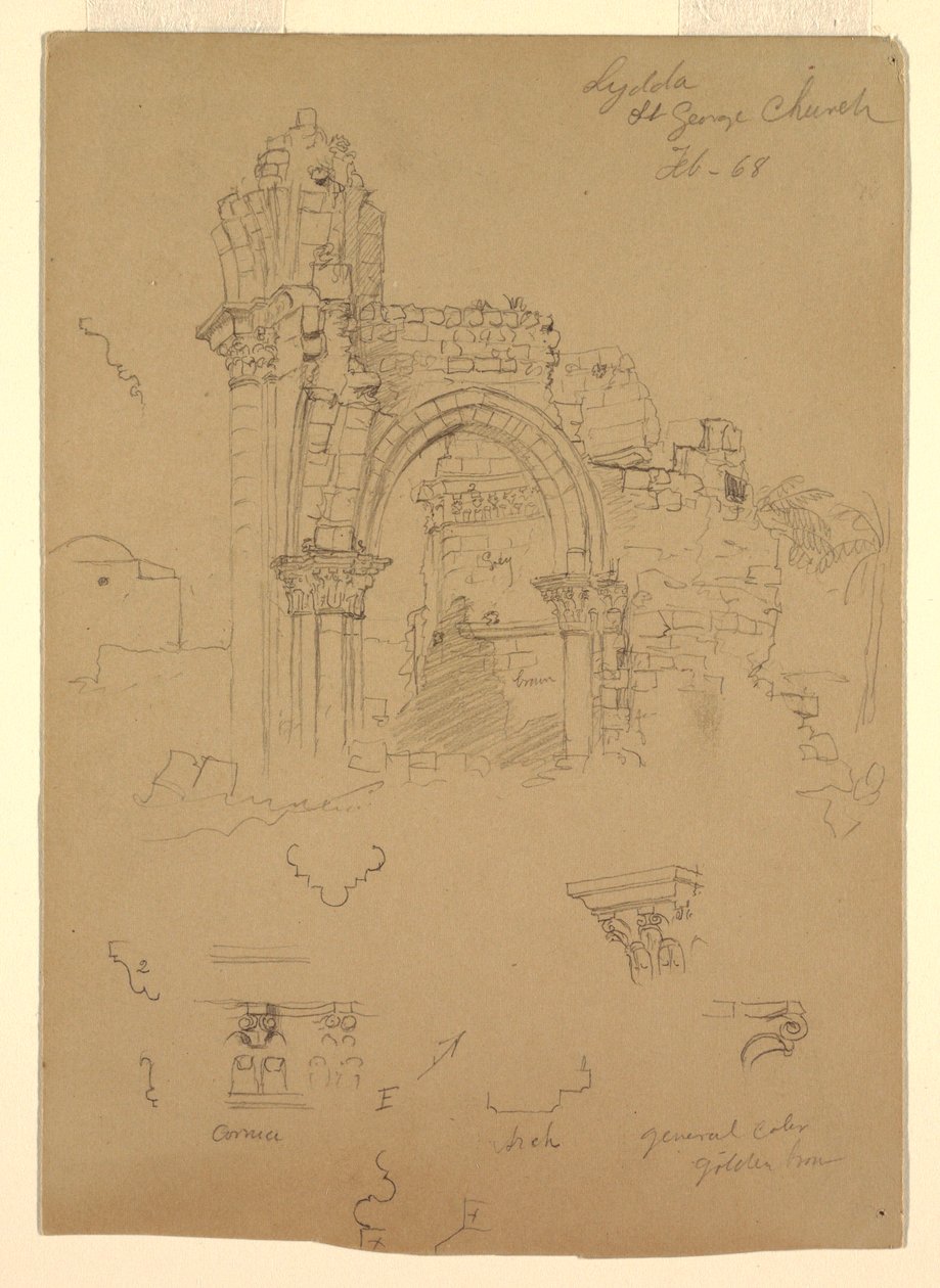 Tegning, ruinerne af Sankt Georgs Kirke, Lydda [i dag Lod], 7. februar 1868 af Frederic Edwin Church