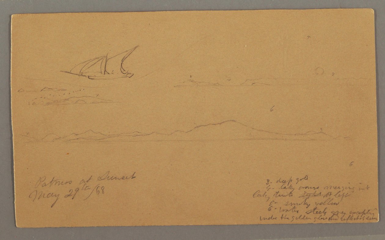 Tegning, sejlskib, bjergkyst, øer, 29. maj 1868 af Frederic Edwin Church
