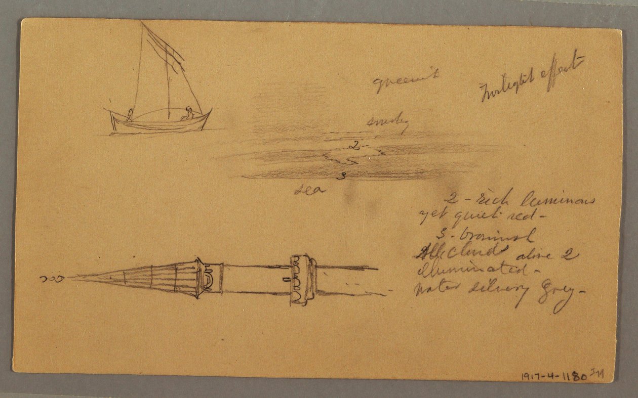 Tegning, sejlskib, bjergkyst, øer, 29. maj 1868 af Frederic Edwin Church