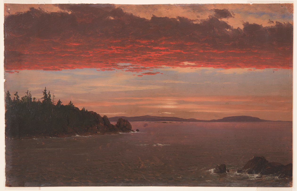 Tegning, Schoodic-halvøen fra Mount Desert ved solopgang, 1850-55 af Frederic Edwin Church